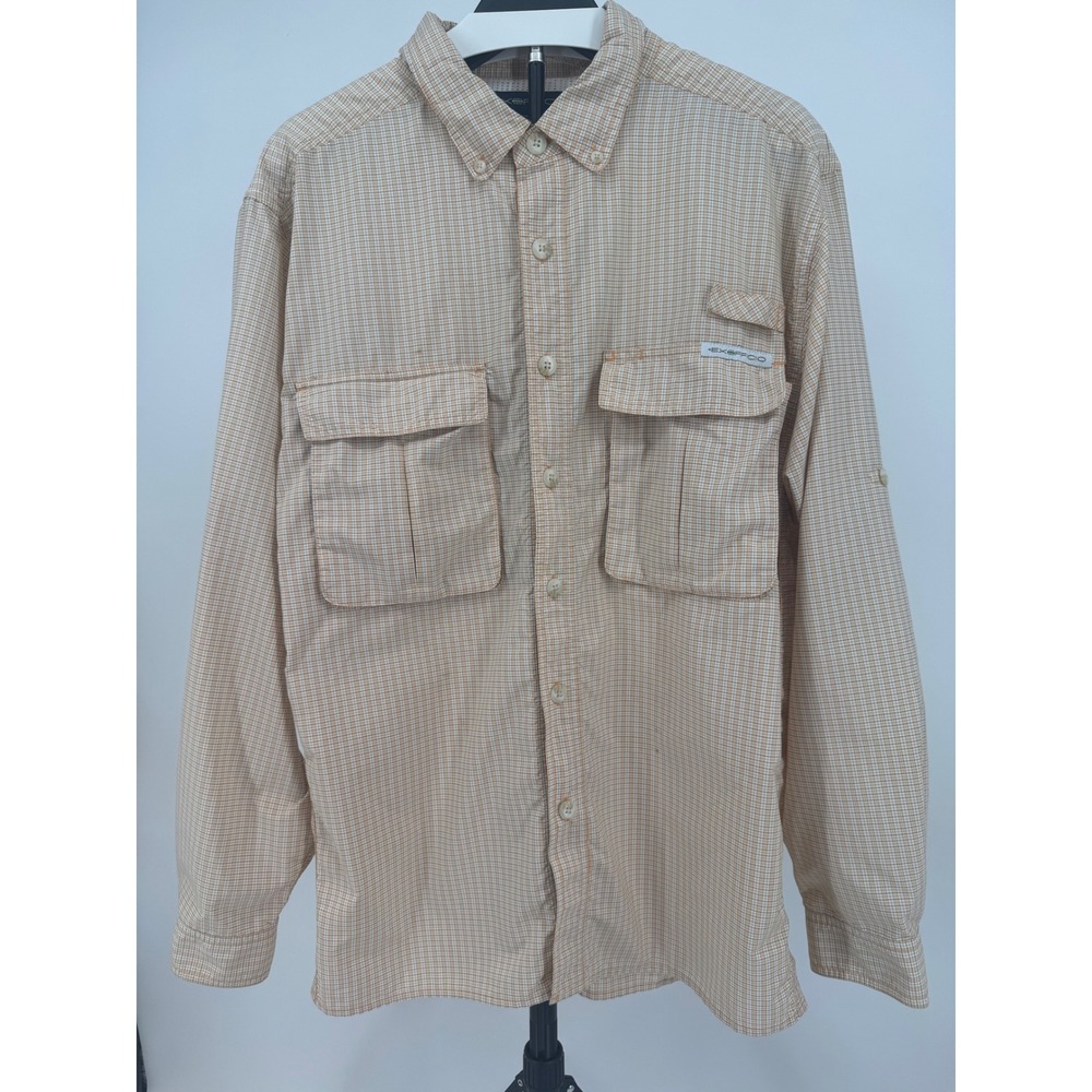 ExOfficio Mens Long Sleeve Fishing Shirt Tan Orange Plaid Ventilated Large